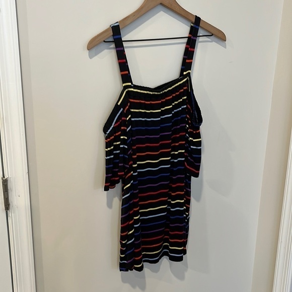 Lane Bryant Rainbow Stripe Cold Shoulder Swing Top Black Short Sleeve NWT - Picture 2 of 6